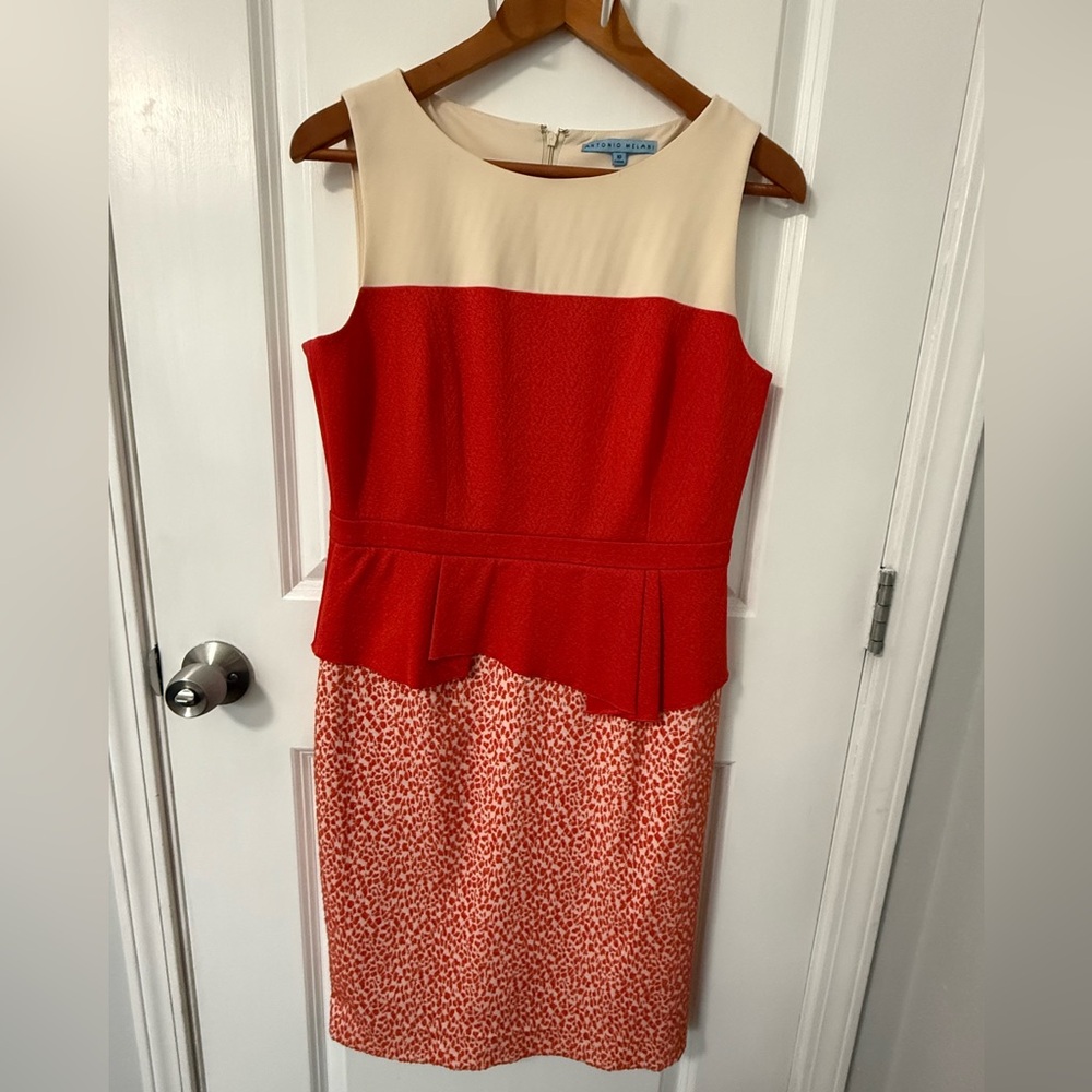 Classic sheath Antonio Melani dress with peplum look. 
Size 10, stretchy.